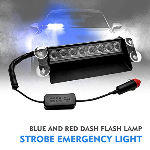 MASO K02015 Luce stroboscopica di emergenza 8 LED luce lampeggiante blu 3 modalità di lampeggiamento per auto, camion, caravan, polizia