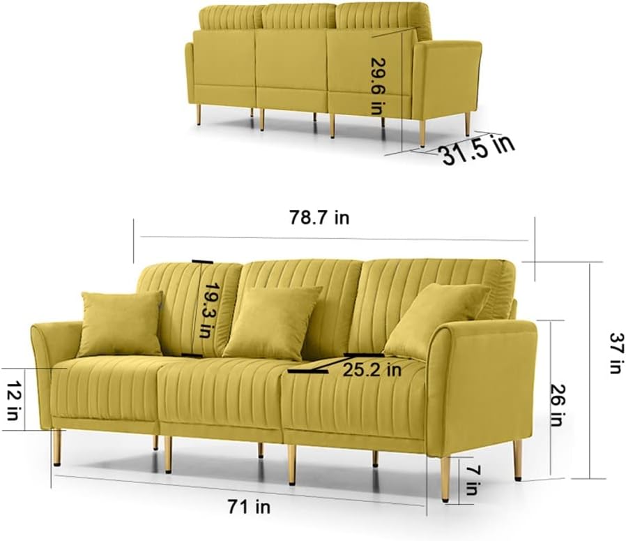Velvet Sofa Seats Furniture with Throw Pillows, Channel Tufted Couch for Living Room Ginger Gold Color