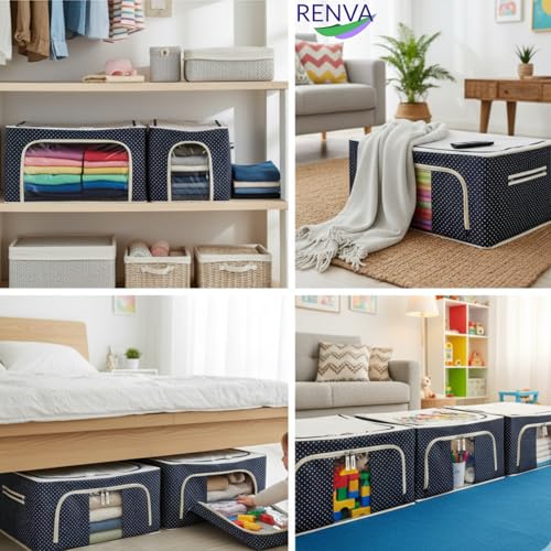 Image of RENVA Polycotton Clothes Storage Organizer Bins, Foldable Storage Bins-Cloth Steel Frame Storage Box For Clothing Storage With Foldable Clear Window&Reinforced Handles 50 * 40 * 30Cm (Blue, 66L-1)