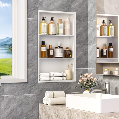 Kynlynly 14x24 Recessed Medicine Cabinet, Bathroom Wall Cabinet, 304 Stainless Steel Recessed Wall Niche with 3-Tiers Shelves, Matte White by Kynlynly - Used condition - US$69.99