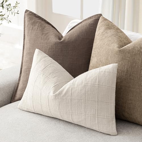 Image of Foindtower Set of 1 Decorative Linen Check Throw Pillow Cover Neutral Farmhouse Lumbar Cushion Cover Modern Boho Home Decor for Sofa Chair Couch Bedroom Living Room,12x24 Inch,Natural Beige