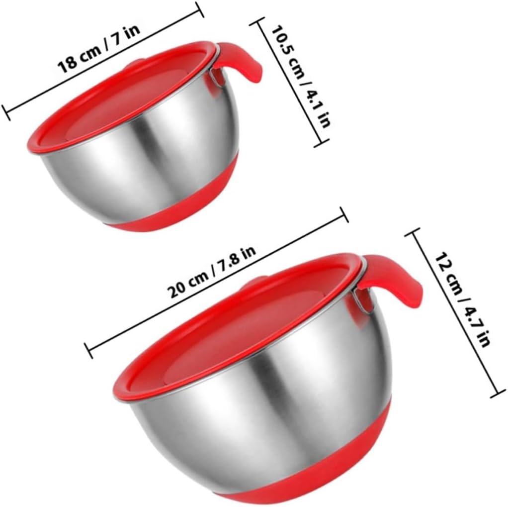 Stainless Steel Mixing Bowl with Red Handle and Silicone Base, 18cm 20cm Kitchen Salad and Noodle Bowls Set with 2 Letter Lids and 3 Graters for Household Food Preparation