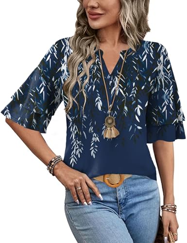 LOMON 3/4 Sleeve Womens Tops Summer V Neck Ruffle Sleeve Blouses