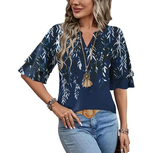 LOMON Womens Tops Ruffle Short Sleeve Blouses Fashion V Neck T Shirts Dressy Casual 3/4 Bell Sleeve Tee Spring Summer Clothes