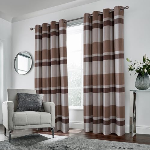 always4u Beige Brown Plaid Curtains Farmhouse Window Curtains Highland Woolen Look Grommet Drapes for Living Room Bedroom 2 Panels 45 95 Inches