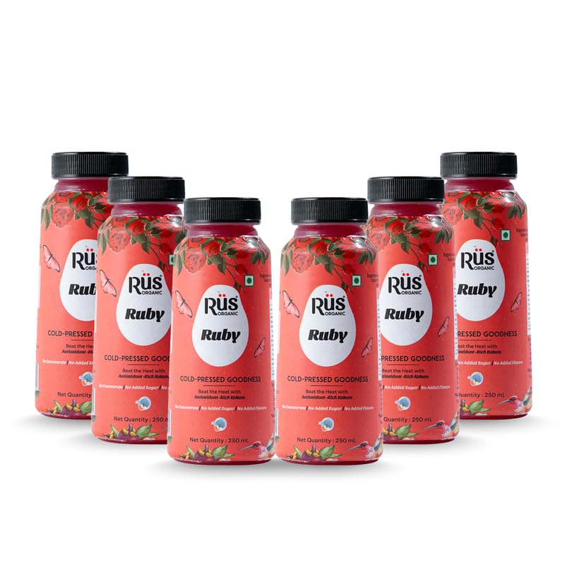Image of Rus Organic Ruby Juice | Pomegranate Fruit + Kokum Juice Without Sugar | Pack of 6 (250ml Each) | Natural, No Added Preservative | Cold Pressed | Immunity Support