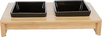 Trixie: - Ceramic Feeding Bowl with Wooden Stand | Can be Used for Both Food and Water | Made with Sturdy Material | Non-Slip Bowl Due to Rubber Feet - 2 ? 200ml Black