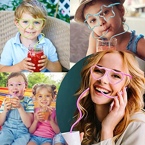Image of Funny Silly Straw Glasses Star & Heart-Shaped Eyeglasses Straws Crazy Fun Loop Straws Novelty Drinking Glasses Straw for Annual Meeting, Fun Parties, Birthday, Assorted Colors 5 Pieces
