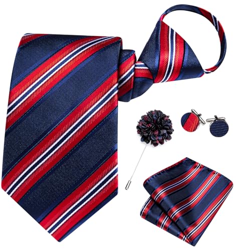 Image of Hi-Tie Zipper Ties for Men Red Blue Striped Adjustable Pre-Tied Necktie Lapel Pin Pocket Square Cufflinks Set