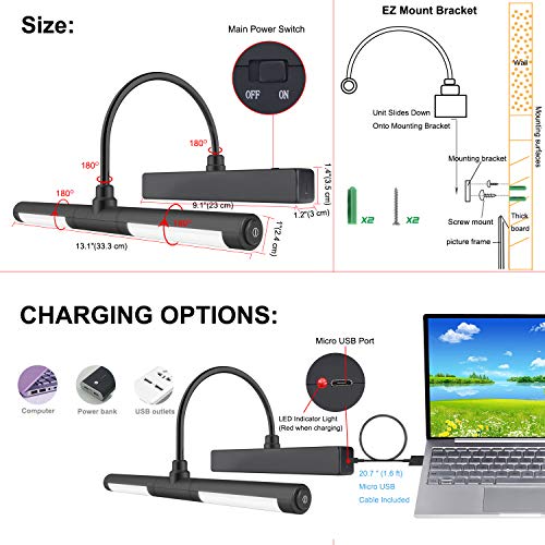 LUXSWAY Picture Lights for Paintings,Rechargeable Battery Wireless Art Light with Remote Control,Dimmable and Timer Off Display Lights with Rotatable Light Tube for Portrait,Dart Board,Gallery