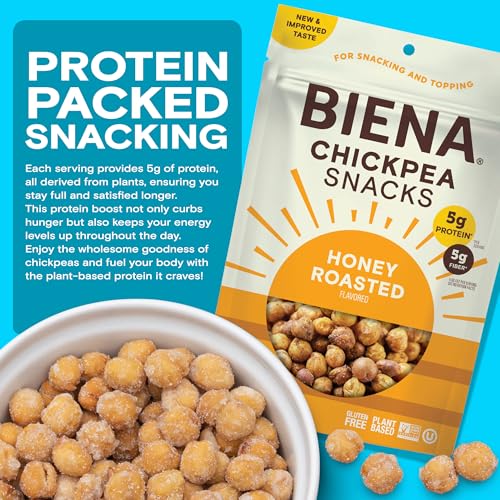 BIENA Chickpea Snacks - Crunchy Roasted Chickpeas - High Fiber Protein Snacks for Adults and Kids - 4-Pack, 5 Ounce Bags - Honey Roasted
