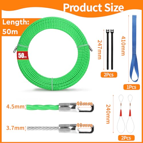 EFUTURETIME Einziehhilfe Kabel Einziehspirale 50M Fiberglas Polyester, Einziehdraht 4.5mm, Kabelverlegung mit 2 Führungsfedern, Kabel Durchziehhilfe mit 3 Verzurrgurte zur Kabelverlegung, Grün