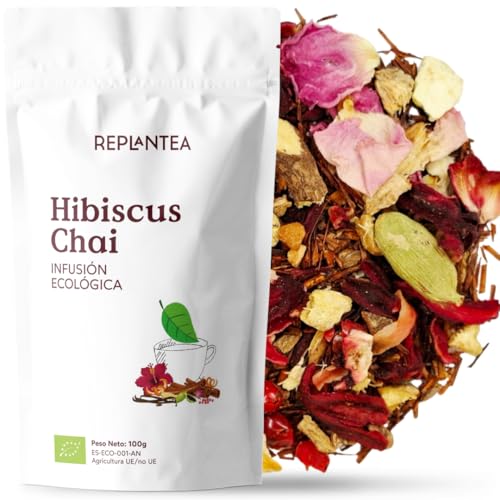 REPLANTEA Infusión Hibiscus Chai Ecológica 100g | Té de Hibisco con Canela y Jengibre | Bebida de Otoño Cálida y Reconfortante | Rooibos Especiado a Granel | Sin Teína