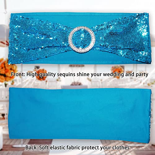HROZINO 6 PCS Sequin Chair Sashes with Silver Buckle, Chair Bands One-Sided Sequins Decor for Hotel Wedding Reception Party Event Chair Cover, Stretch Chair Bands-Turquoise