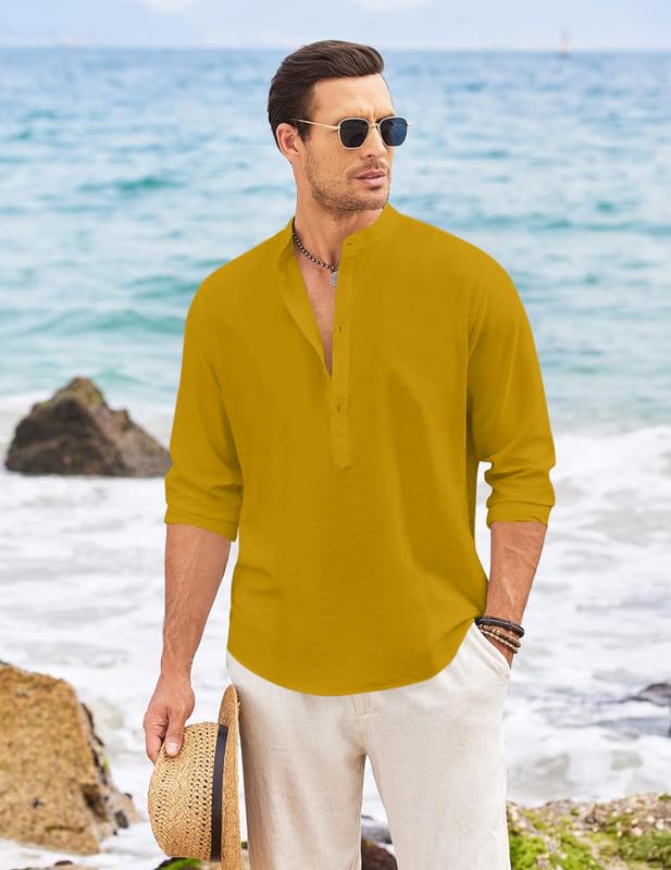 Image of Macsivo Men's Cotton Blend Henley Short Kurta with Mandarin Collar Long Sleeeve Button Closure Curved Hem Regular Fit | Kurta for Men Stylish