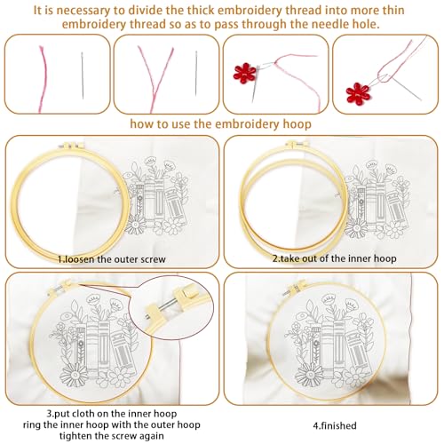 Image of BEUNITONE Flower Embroidery Kit for Beginners 4 Pack Embroidery Starter Kit for Adult Cat Plant Books Pattern Stamped Cross Stitch Set with Instructions Embroidery Hoops Easy for DIY Craft 7.9''