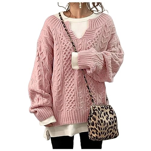 Womens Casual Sweaters Twists Cable Knitted V Neck Pullover Long Sleeve Loose Sweatshirt Solid Color 2023 Tops Pink