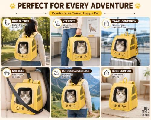 Image of PetVogue Foldable Cat Carrier Backpack, Breathable Portable Pet Travel Bag with Transparent Window, Mesh Ventilation, Soft Comfortable Backpack for Cats & Small Dogs, Yellow
