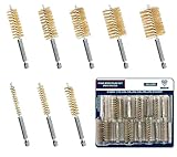 8-Size Bore Brush Set, Brass / Copper Wire Brush for Power Drill, Drill Brush Set, Metal Brush, Cleaning Brush, 1(1/8), 1.0, 7/8, 3/4, 5/8, 1/2, 3/8, 1/4 - inch Diameter, with 1/4-in Hex Shank