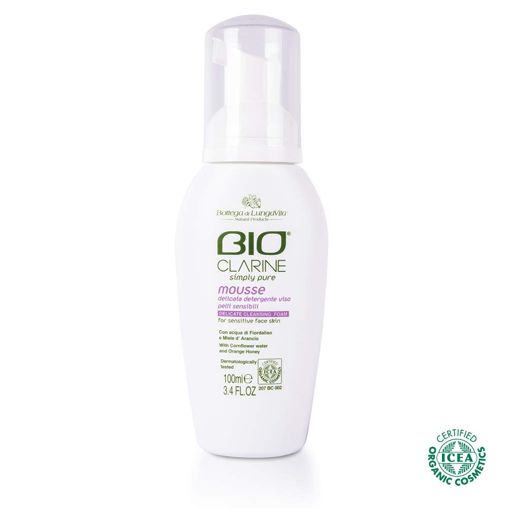 Bottega di LungaVita Natural Products MOUSSE DELICATA DETERGENTE VISO BIOCLARINE Certificata Biologica - Soffice mousse indicata per l'igiene quotidiana del viso. Cosmetico BIO - CERTIFICAZIONE ICEA