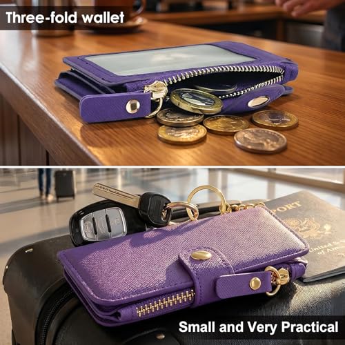 Image of M-Plateau RFID Blocking Keychain Wallet With Leather Wrist Strap | Keychain Wristlet, Womens Card Holder with Zipper Coin Pocket and ID Window (Purple)