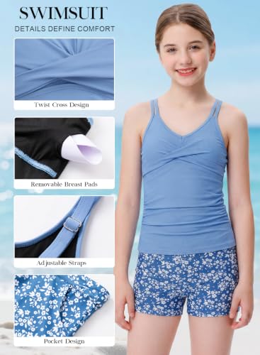 Alakuoti Tween Girls Tankini Swimsuit 2 Piece Bathing Suit Criss Cross Ruched Girl Swimwear with Chest Pad Size 12 Navy Blue Floral — view 4