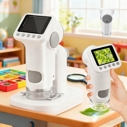 Microscopio Digital para niños, Aumento de 1600x, microscopio portátil HD 1080P con Pantalla, grabación de Fotos y vídeo, Incluye Tarjeta SD de 64 GB, microscopio para Insectos Plantas Monedas