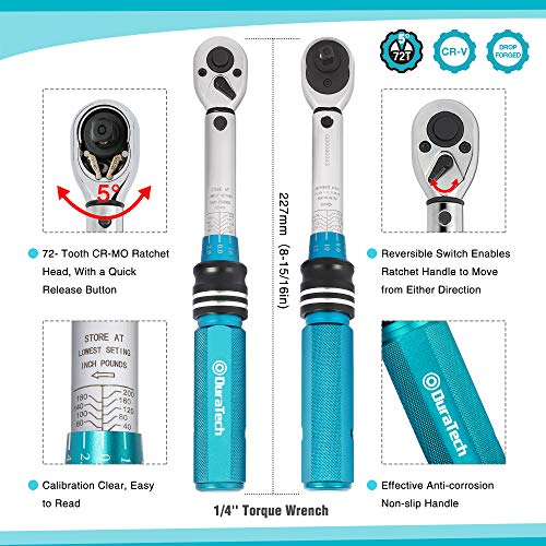 DURATECH 1/4 Inch Drive Click Torque Wrench, Torque Wrenches Set, 1/4 Inch Pound Torque Wrench, 40-200 In.-lb, Quick-release Reversible, 72 Tooth with Bit Socket Set, Storage Case Included