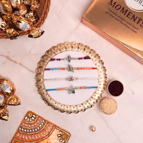 Image of Gifticon Rakhi for Brother with Chocolate Combo Gift Set - Designer Rakhi for Brother Bhaiya with Ferrero Moments Chocolates Pack - Rakhi Set of 4 | IB-4R-Mom-AllSilverGods