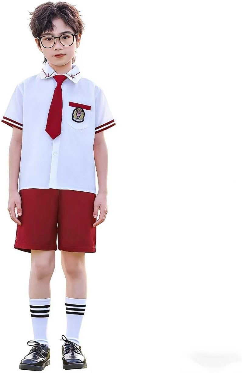 Kids School Uniform Set, Boys Girls Short Sleeve White Shirt With Red Tie/Skirt Shorts, Back To School Outfit