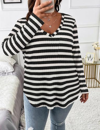 Image of Koscacy Women Plus Size Casual Knit Sweater with Pocket V Neck Solid Color Tops Lightweight Long Sleeve Blouses