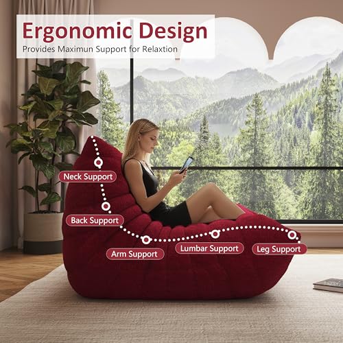 Image of 3-Seater Giant Bean Bag Chair for Adults - Cozy Large Fireside Accent Chair with Memory Foam,Comfy Lazy Oversized Floor Sofa Couch Boneless Chaise Lounge for Living Room Bedroom Gaming Room(Burgundy)