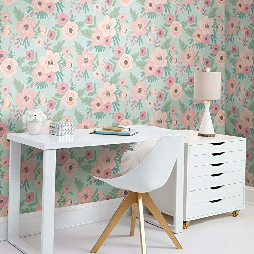 RoomMates RMK11626RL 45.72 cm x 5.74 m Vinyl Poppy Floral, Green and Pink, Vert Et Rose, 45 x 574 cm