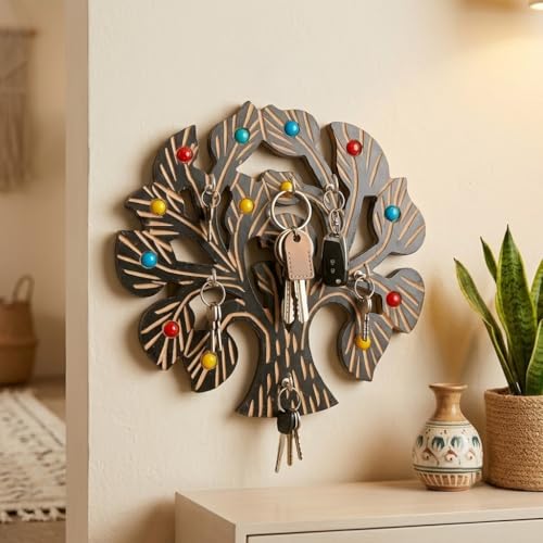 Image of Wooden Tree of Life Wall Key Holder with Colourful Beads, Decorative Hook Organiser