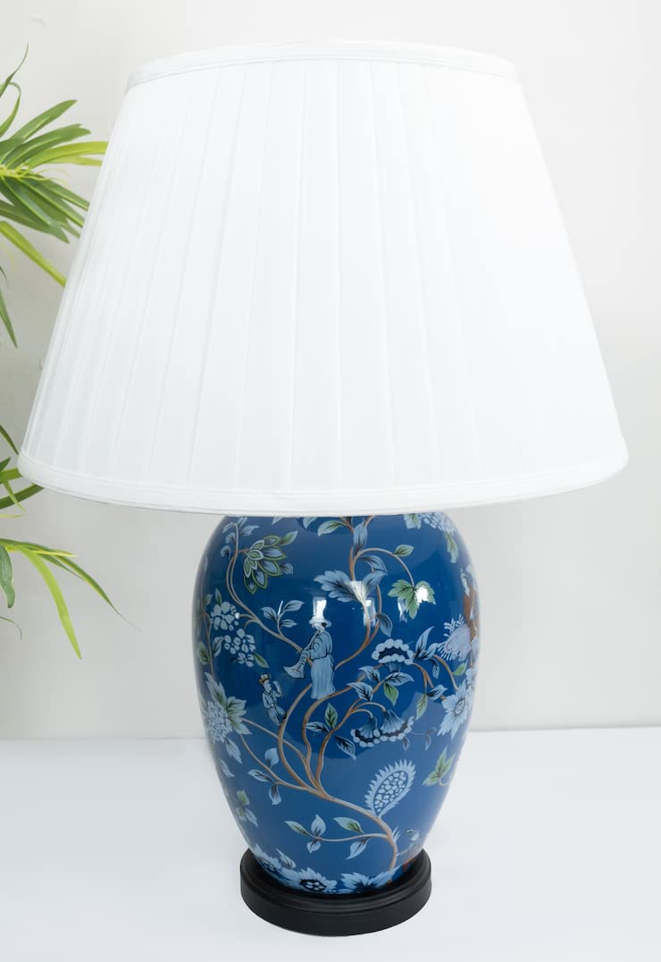 DOWNTON INTERIORS Large Blue Chinese Oriental Ceramic Table Lamp with Green White Floral Pattern Overall Height 61cm (G2106) (White Pleated Shade)