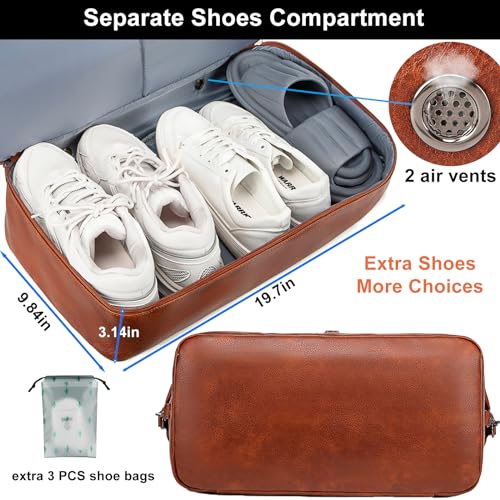 weiatas Faux Leather Travel Duffel Bag for Women Men, Large Weekender Overnight Bag with Shoes Compartment, Waterproof Carry On Bag Travel Tote Bag Gym Bag with Luggage Strap (Brown)3