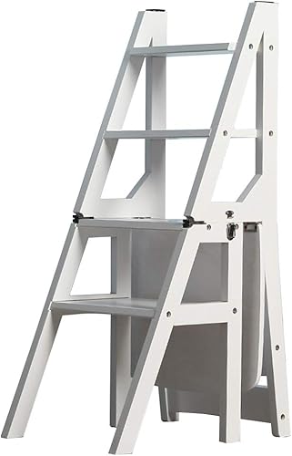 JHome Taburetes elevadores de escalera de 4 escalones, madera maciza, escalera plegable transformable para el hogar, cocina, silla plegable de doble