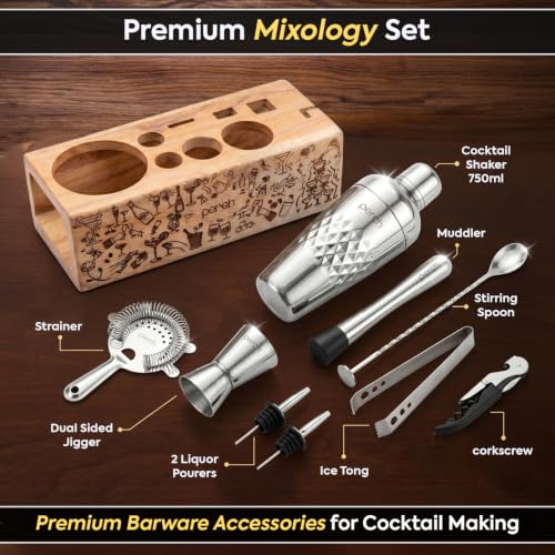 Image of O' Holic by Perch 10-Piece Bartender Kit with Printed Wooden Stand | Cocktail Shaker Gift Set with Jigger, Strainer, Spoon, Muddler & Corkscrew | Home Bar Accessories for Mixing Drinks| Silver