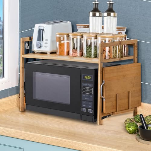 WODFARR Scaffali da cucina regolabili per scaffali, supporto a microonde in legno, bambù, scaffale a microonde, con 4 ganci, 2 strati (52 x 30 x 35 cm)