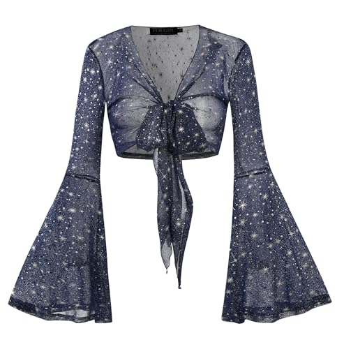 Image of Women Tie Front Bell Sleeve Rave Crop Tops Floral Print Hippie Mesh Sheer Shirt