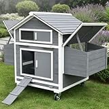 Mucola Mobiler Hühnerstall mit Rollen aus Holz – rollbares Hühnerhaus Outdoor für 6–8 Hühner, 2 Nestboxen, 4 Nistplätze, wetterfest, Freilandhaltung – Grau/Weiß