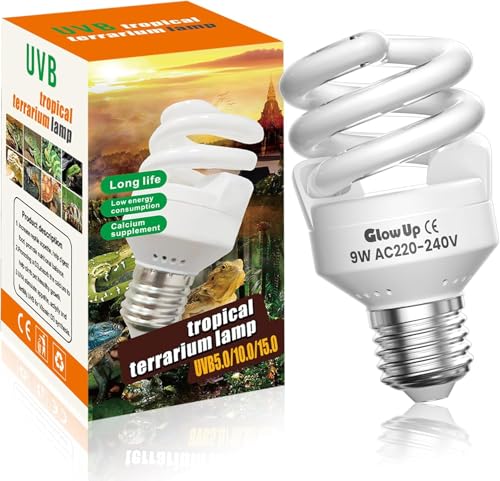 GlowUp 9W Bombilla Reptiles UVA UVB 5.0 E27 Bombilla UVA UVB Tortuga AC 220 240V, Fluorescente para Acuario, Recipiente de Cristal, Comedero, Tortuga, Serpiente, Lagarto, etc (1Pcs)