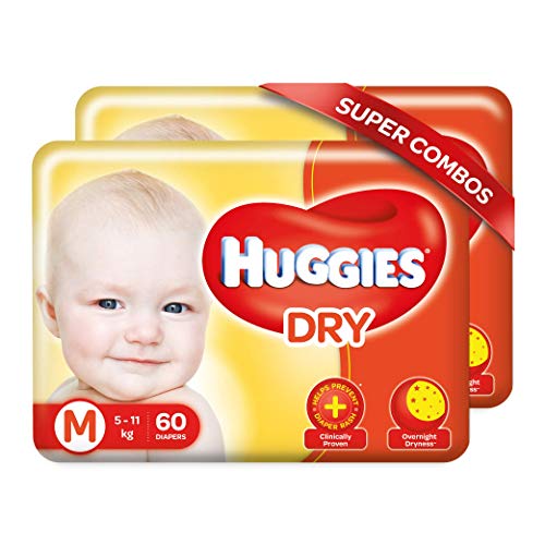 Huggies New Dry Medium (M) Size Diapers for Babies(5-12 Kg),Combo Pack of 2,60 Counts Per Pack (120 Counts)