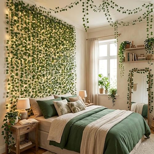 Image of Go Hooked Artificial Hanging Creeper for Home Decor (Pack of 3, 7 Ft) | Green Linden Leaf Garland with 4x3.5 cm, 72 Leaves Each | Plastic Decorative Creeper for Balcony, Walls, Garden Decoration