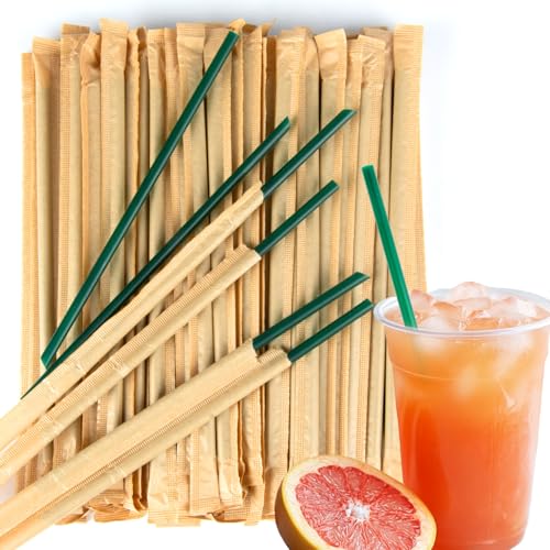 Sukh 100 Pcs Individually Wrapped Straws - Green Plastic Straws Disposable Plastic Drinking Long Individually Paper Wrapped for Home Use Milk Juice Drinks (6 mm)