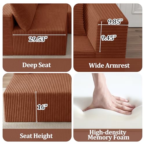 Image of 138 inch Modular Sectional Sofa, U-Shaped Cloud Couch with Deep Seats & Chaise, Convertible 4-in-1 Corduroy Boneless Couches for Living Room, No-Assembly - Brown (Right Facing Chaise)