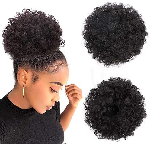 Afro Puff Drawstring Ponytail Kinky Curly Bun Hair Synthetic Short Extensions Hairpieces Updo Hair for Black Women Girls(1B)