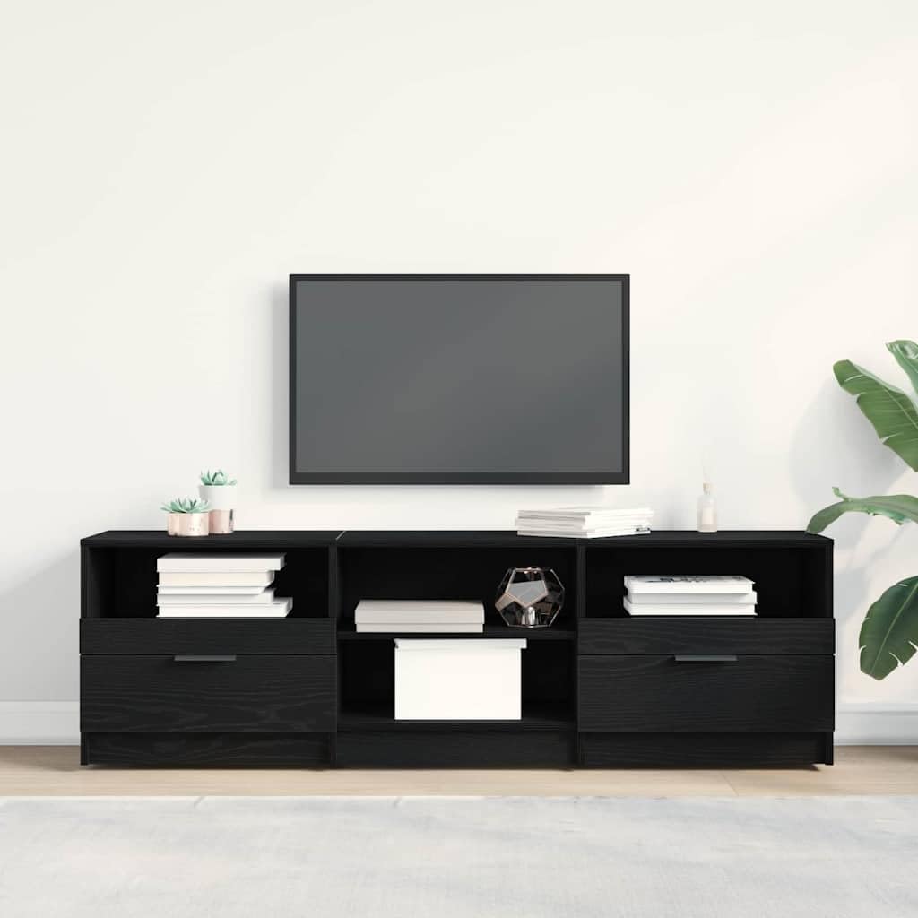 Szafka pod telewizor, czarna, imitacja dębu, 150 x 33,5 x 45 cm, materiał drewnopochodny, z szufladą, 2 półki, uniwersalna podstawka pod telewizor do salonu, konsola medialna