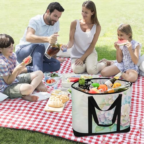 Large Insulated Tote Bag Hydrangea Colorful Retro for Grocery Shopping Reusable Tote Bags for Women Men, Cooler Bag with Zippered Top & Handles for Beach Picnic Travel3