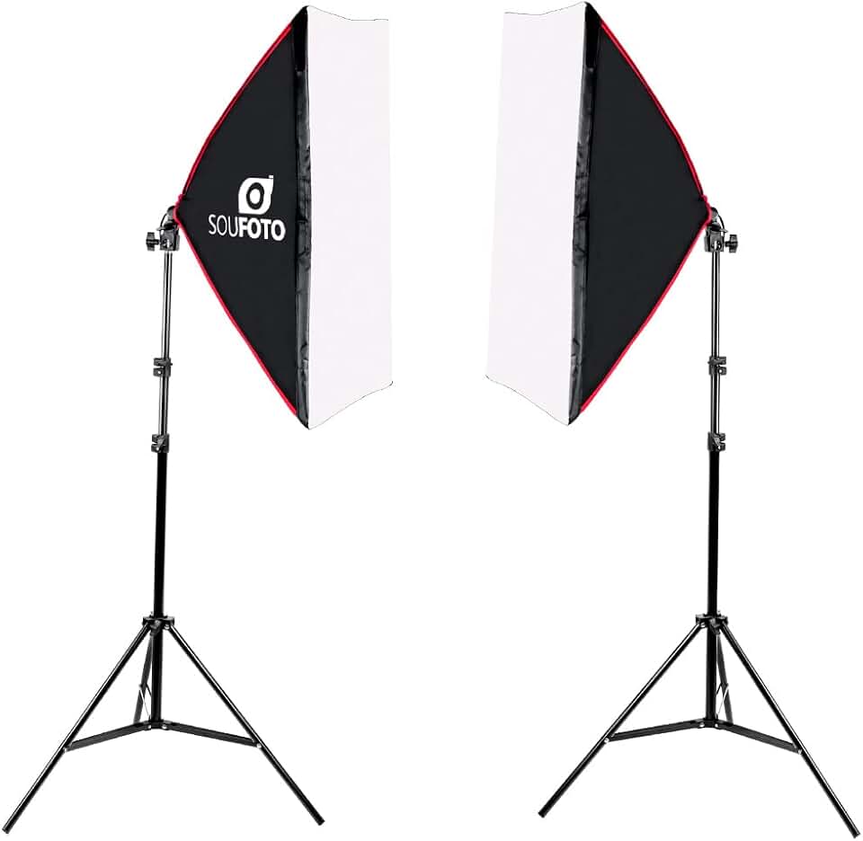 SOU FOTO Kit Softbox Duplo Iluminação para Estúdios, Fotografia e Video Uso Profissional e Amador | 2x Softbox Simples e-27 50x70cm, 2x Tripés de Iluminação | Modelo Duo Red